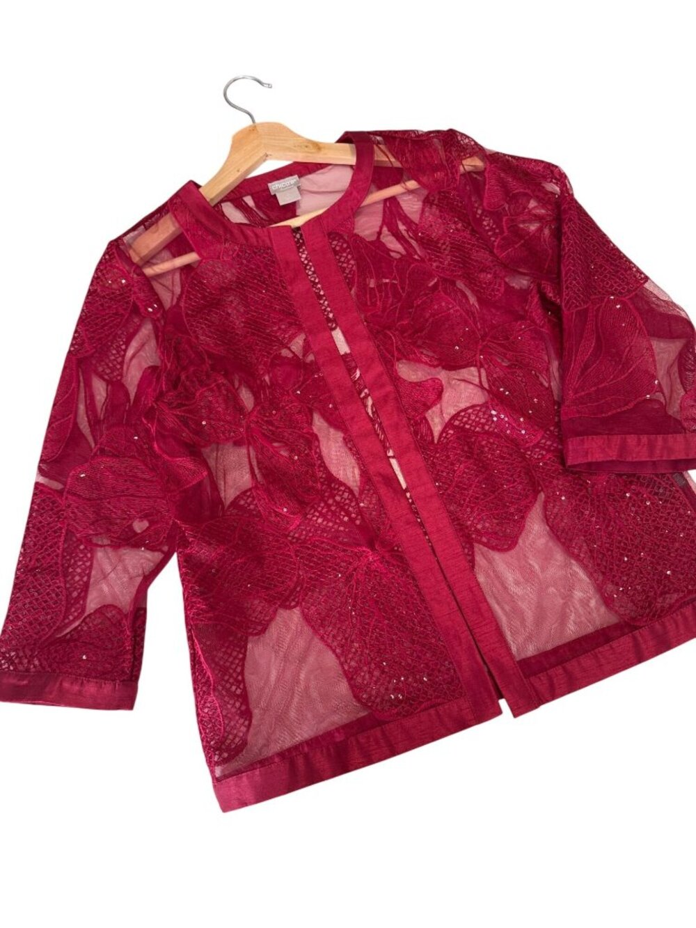 Chico's Maroon Floral Embroidered Sequin Mesh Jacket Size Small